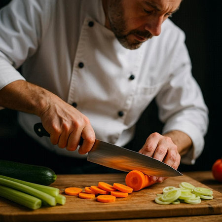 Chef cutting vegetables on a wooden cutting board in the kitchen.