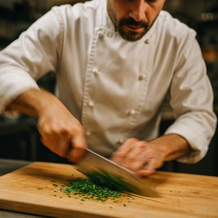 Chef cutting green parsley on a wooden board in the kitchen