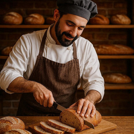 Male baker cutting bread on a wooden board in the kitchen of the bakery