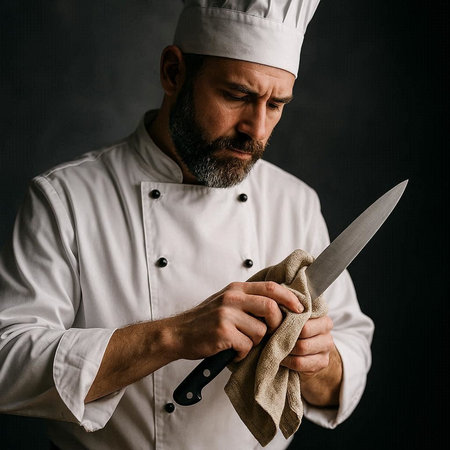Portrait of a bearded male chef with a knife on a dark background