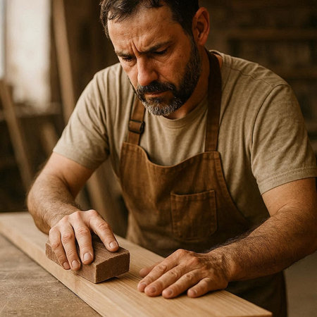 Portrait of a craftsman working with wood in his workshop.