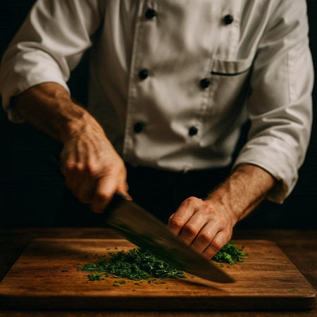 Chef cutting parsley on a wooden board in a restaurant kitchen