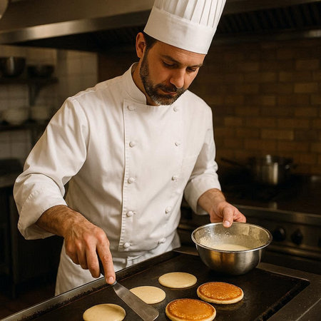 Chef preparing pancakes in the kitchen of a restaurant or hotel.