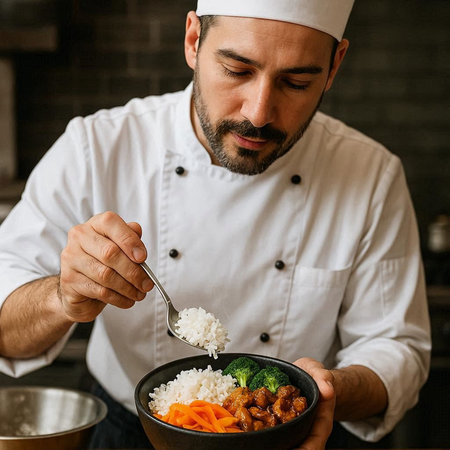 Chef preparing a meal in a restaurant kitchen. Food and cuisine concept.