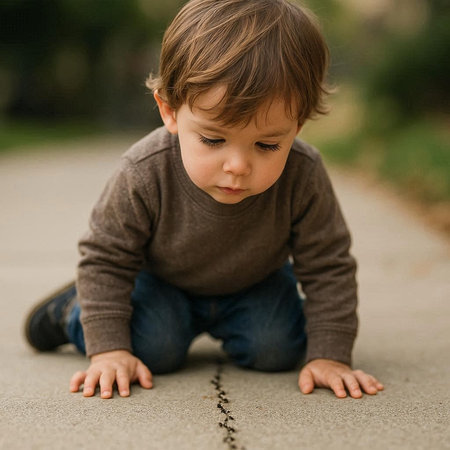 Cute little baby boy crawling on the ground in the park.