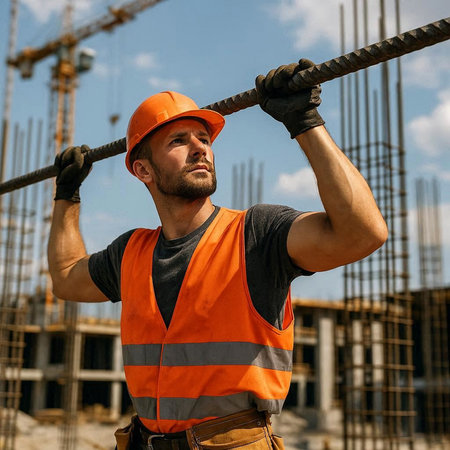 Portrait of a male construction worker on the background of a construction site.