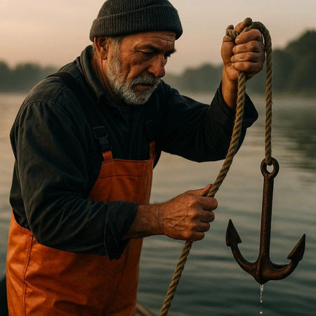 Senior man sailing on a boat with an anchor in his hand.