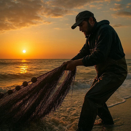 Fisherman on the beach with his fishing net at sunset.