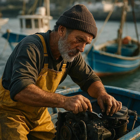 Portrait of an old man repairing a motor boat in the harbor