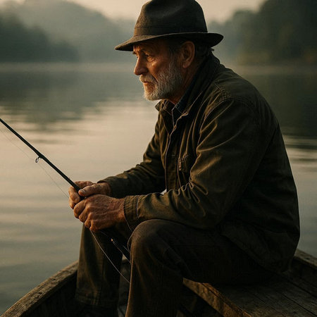 Senior man fishing on the lake in the early morning, sitting on a pier and holding a fishing rod