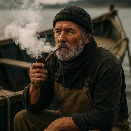 An old man with a gray beard smokes a pipe on the pier.