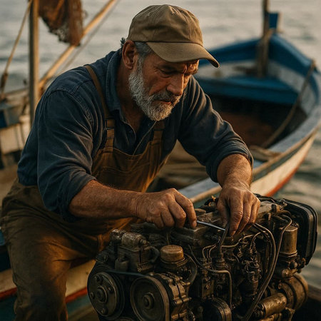Portrait of an old man repairing a motor boat on the pier