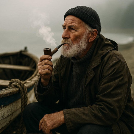 Portrait of an old man with a gray beard smoking a pipe on the boat.