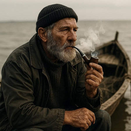 Portrait of an old man smoking a pipe on the beach.