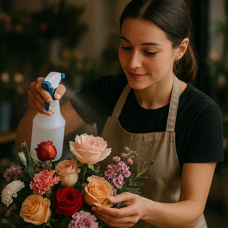 Female florist using sprayer to make bouquet of flowers