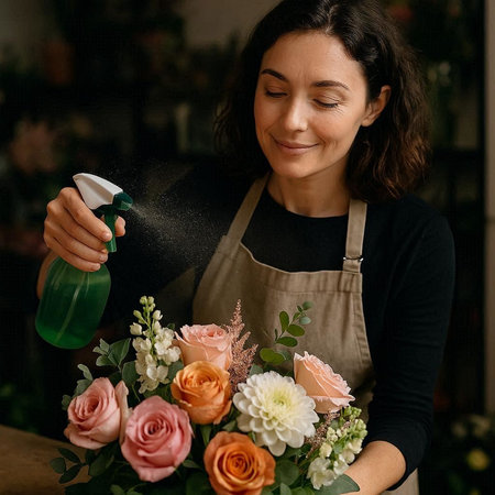 Professional florist working in flower shop. Young female florist making beautiful bouquet of mixed flowers