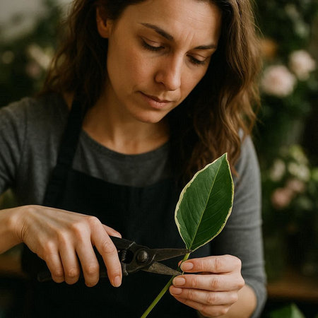Florist cuts a green leaf of a plant in a flower shop