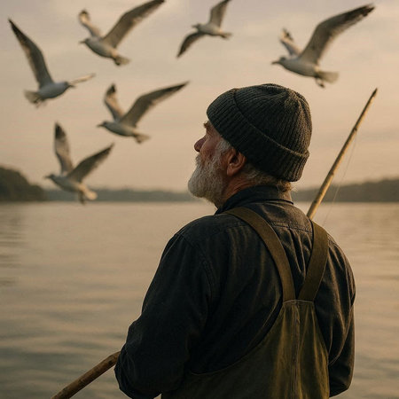 Senior man fishing with seagulls on the lake at sunset