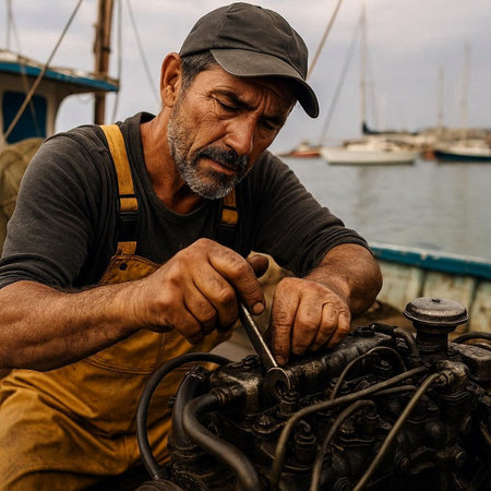 Fisherman repairing a motor boat in the port of Essaouira, Morocco