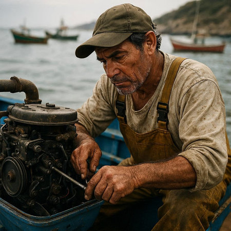 Portrait of a senior man repairing a motor boat on the sea.