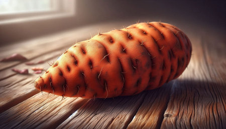 Sweet potato on wooden table, closeup. Toned image.