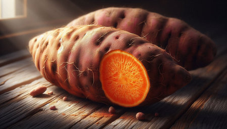 Sweet potatoes on a wooden table, close-up, selective focus