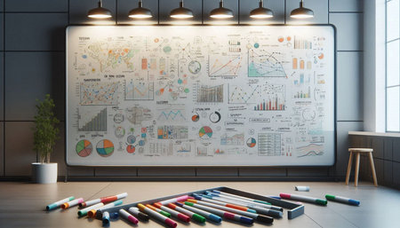 3D rendering of a whiteboard with charts and graphs on it
