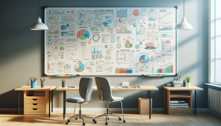 Interior of modern office with whiteboard and workplace. Workplace concept. 3D Rendering