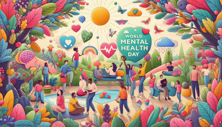 Valentine's day greeting card with people playing in park, vector illustration