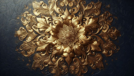 golden floral pattern on the black background. 3d illustration.