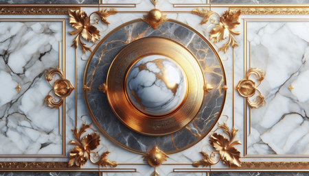 3d rendering of golden plate with marble texture and gold frame background