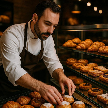 Handsome male baker in apron making buns in bakery