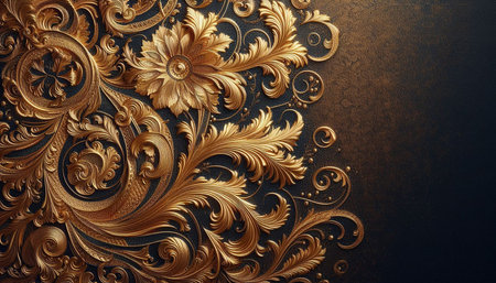 3d illustration of golden floral ornament on dark background. 3d rendering