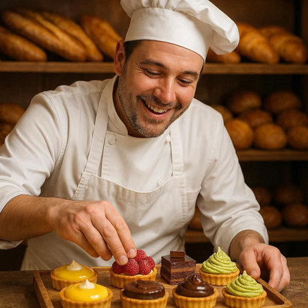 Smiling male pastry chef decorating cupcakes in a bakery.