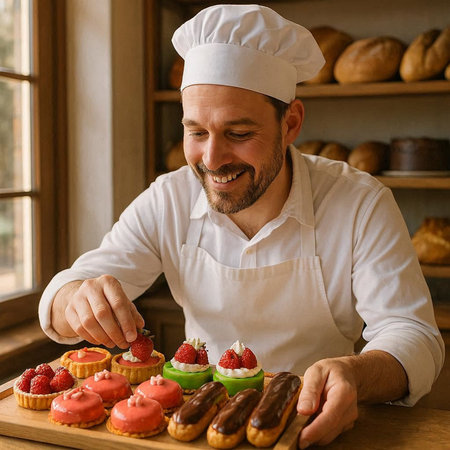 Handsome male chef in white uniform decorating cupcakes in bakery