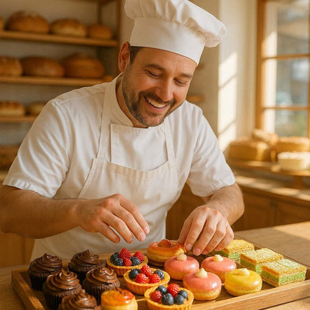 happy male pastry chef decorating cupcakes in confectionery shop