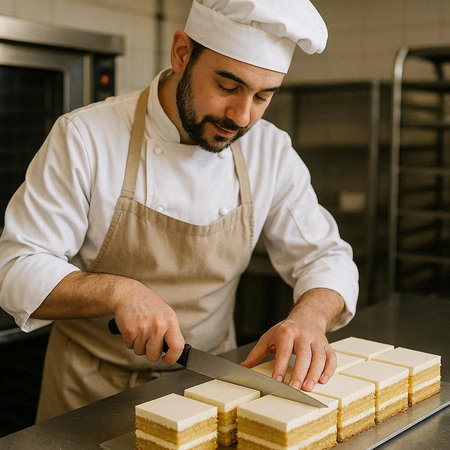 Chef in the kitchen of the restaurant prepares a delicious cake.