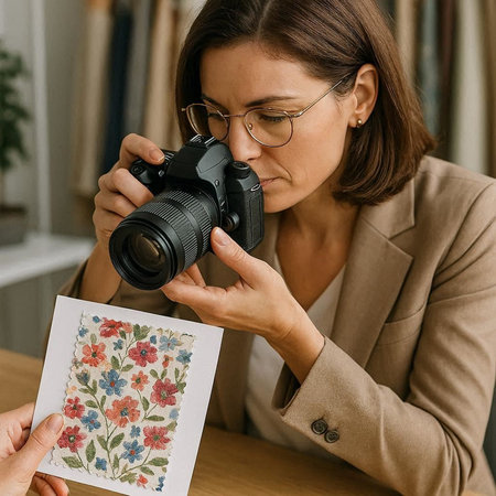 Beautiful young woman in eyeglasses photographing picture with camera.