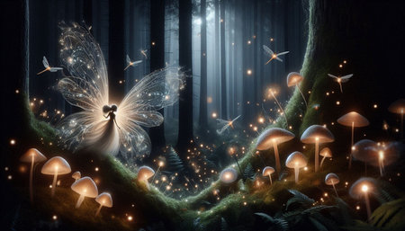 Fantasy forest with flying butterflies and mushrooms. 3D illustration.