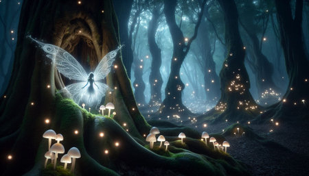 Fairy tale scene in the dark forest with flying fairy, 3d illustration