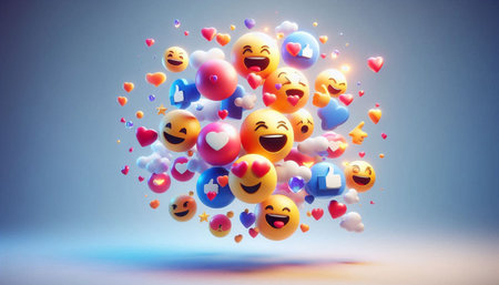 Funny emoticons with hearts and balloons on blue background. 3D rendering