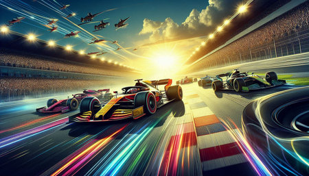 F1 car racing on the race track at sunset. 3D rendering