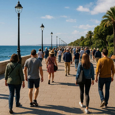 Tourists walk along the promenade of Palma de Mallorca, Balearic islands, Spain
