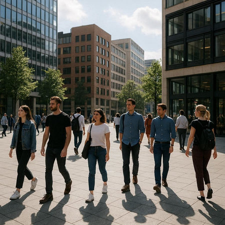 Group of young people walking in the city. Group of people walking in the city.