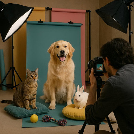 Cat and dog in a studio with a camera and a cat.