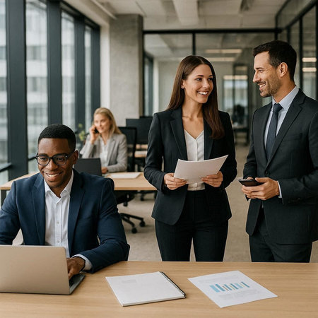 smiling multiethnic businesspeople holding papers and talking in office