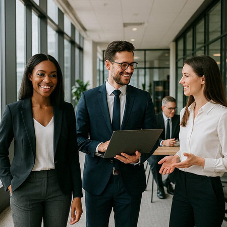 smiling businesspeople discussing over laptop in corridor of modern office building