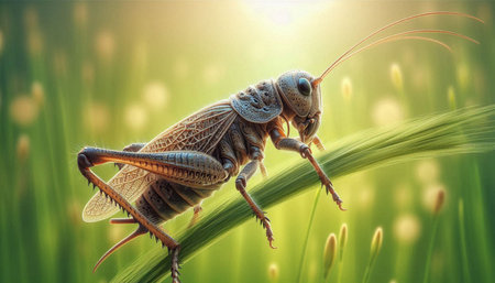 Grasshopper on a blade of grass in the morning light