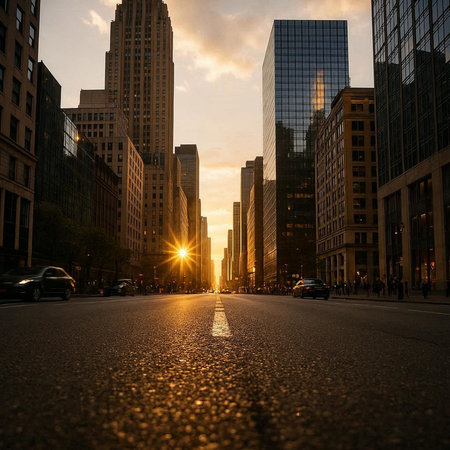 Chicago, Illinois, USA downtown skyscrapers and street at sunset.