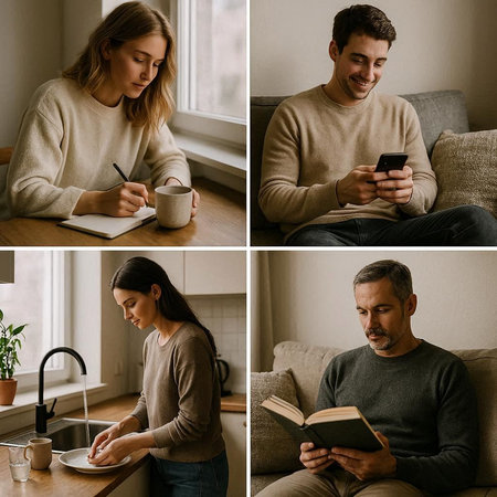 Collage of a man and a woman sitting at home and using a smartphone